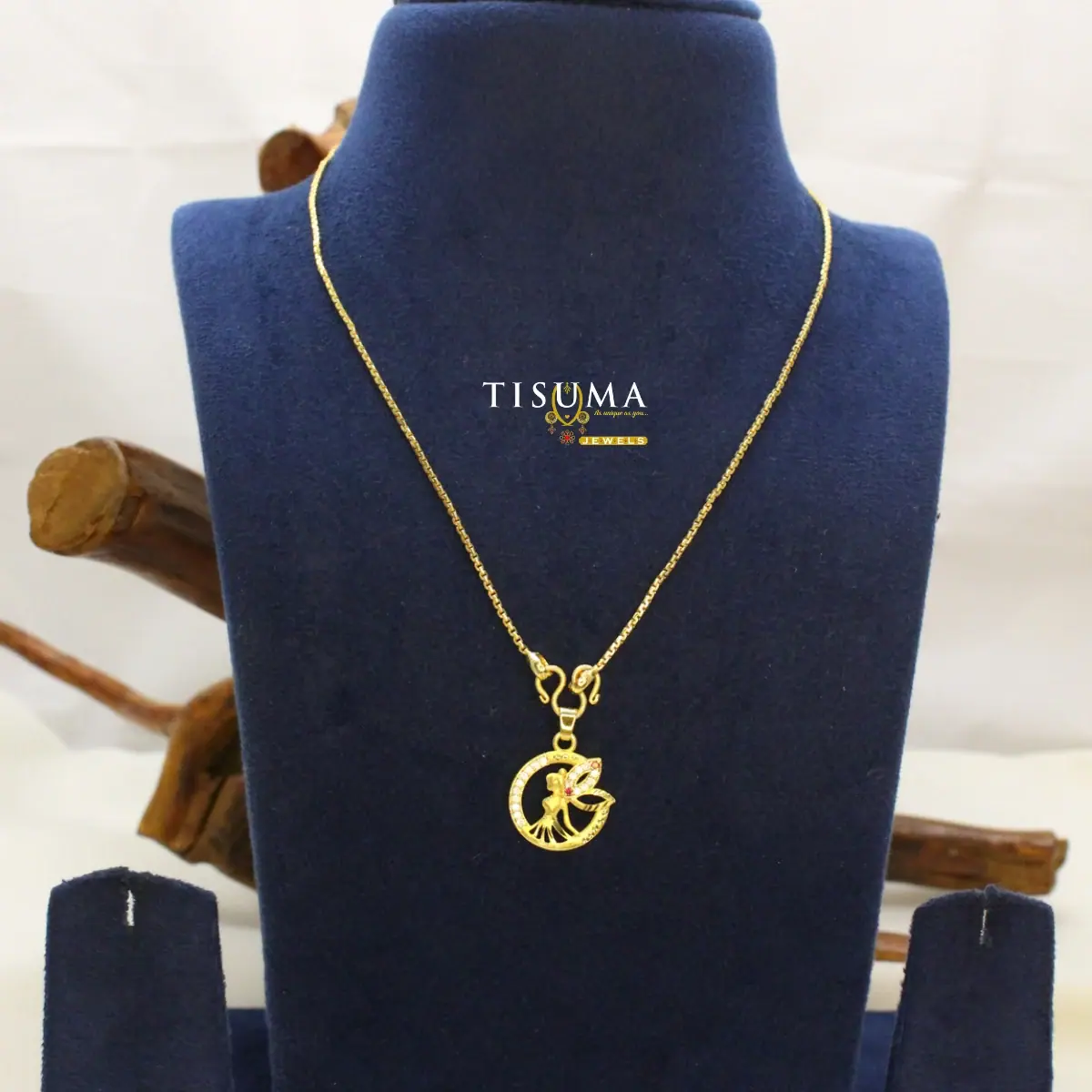 Traditional Gold Plated Celestial Fairy Angel Circular Halo Motif Dollar Pendant with Textured Wheat Chain for Women